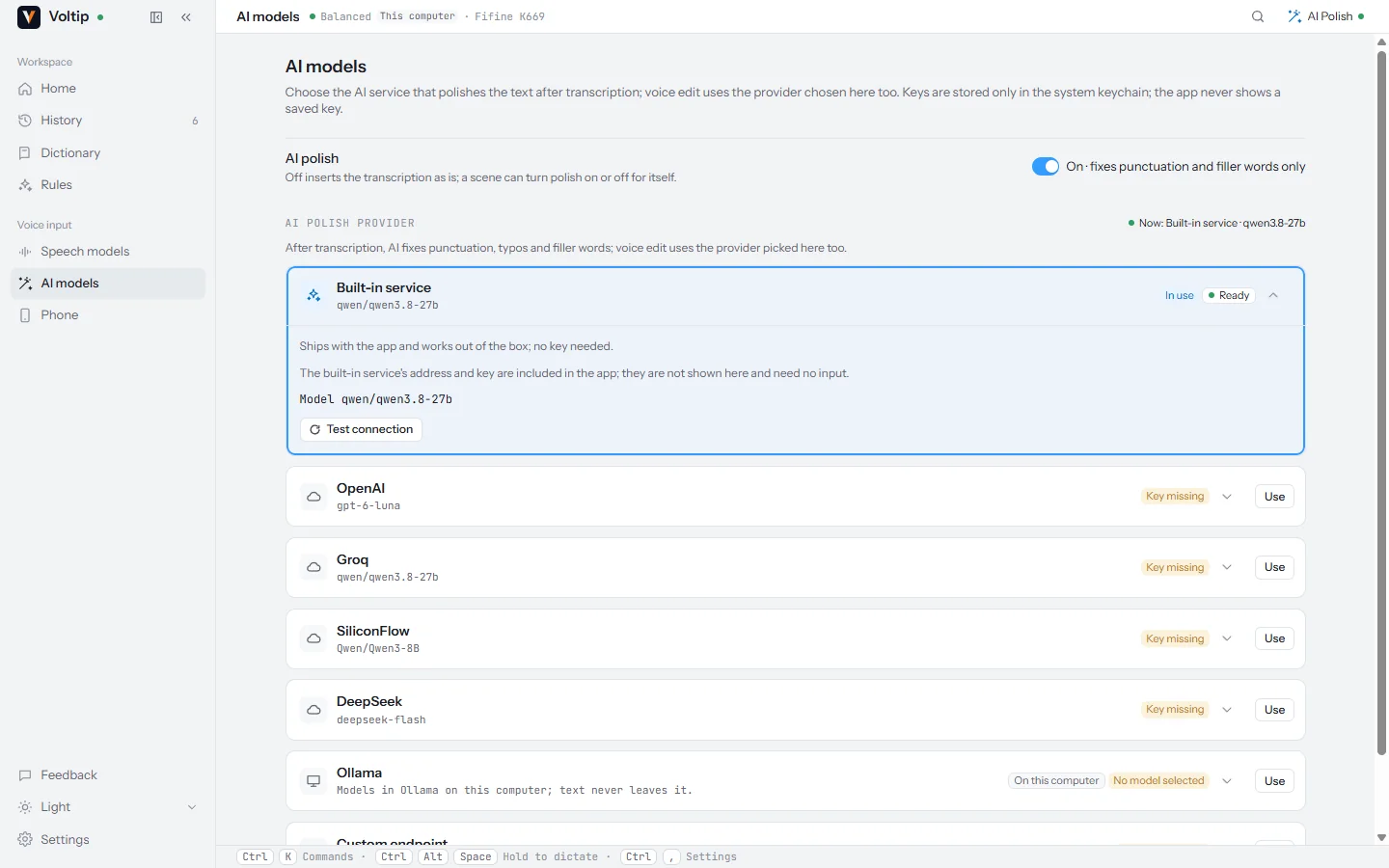 The AI models page with AI polish on and the built-in service in use, followed by the other services.