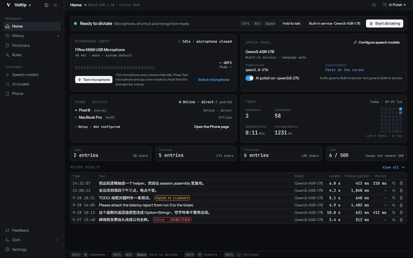 The Voltip home page with the shortcut, the microphone, the speech model and the latest results.