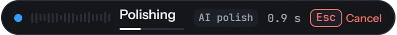 The overlay during AI polish, showing the time the step has taken.